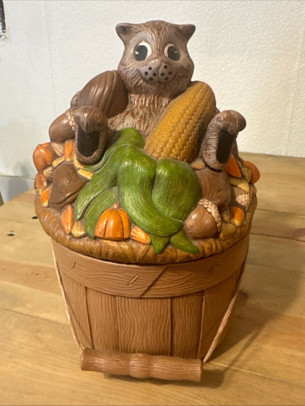 Vintage Hand-Painted Ceramic Squirrel & Harvest Basket Cookie Jar / Candy Dish